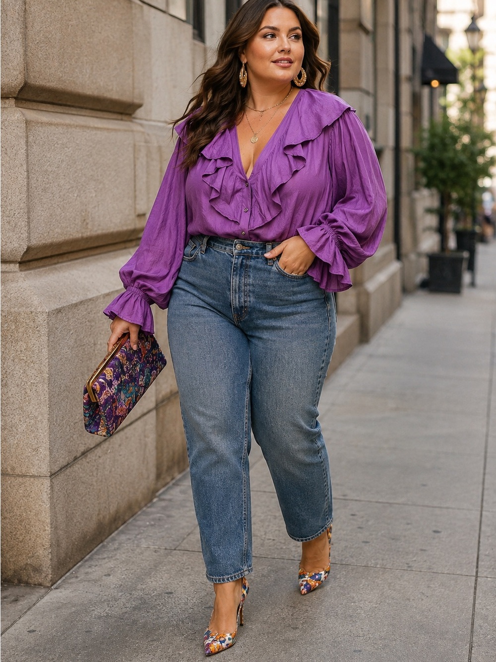 Adrian Jordan 100% Silk Oversized Romantic Ruffle Blouse | Purple | Boho Luxe